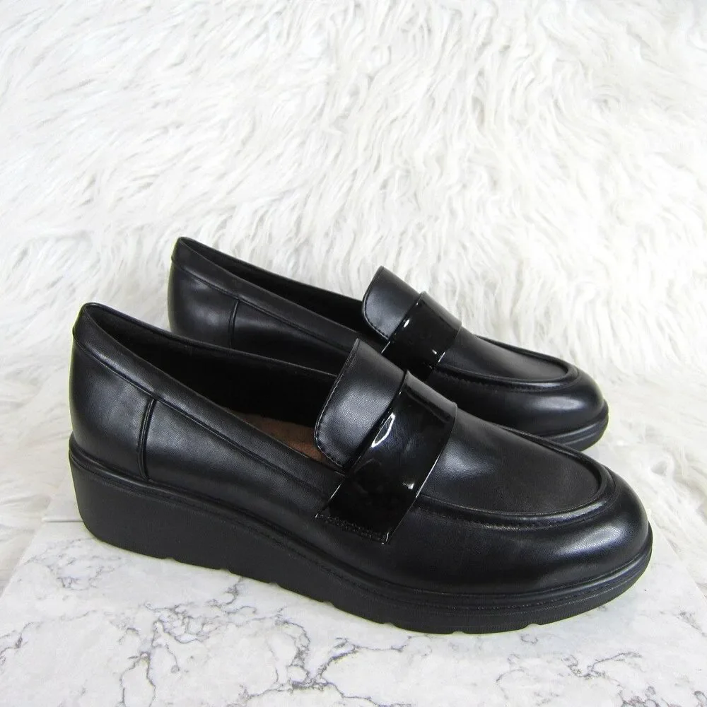 Easy Spirit Tahlia Slip On Wedge Loafers Black w/ Patent Leather Strap Size 7.5M